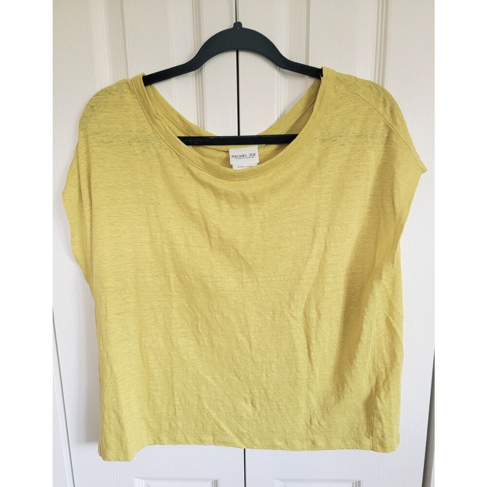 Rachel Zoe L 100% Linen Tee Women's Size Large Yellow Colorful‎ Top V Neck SS